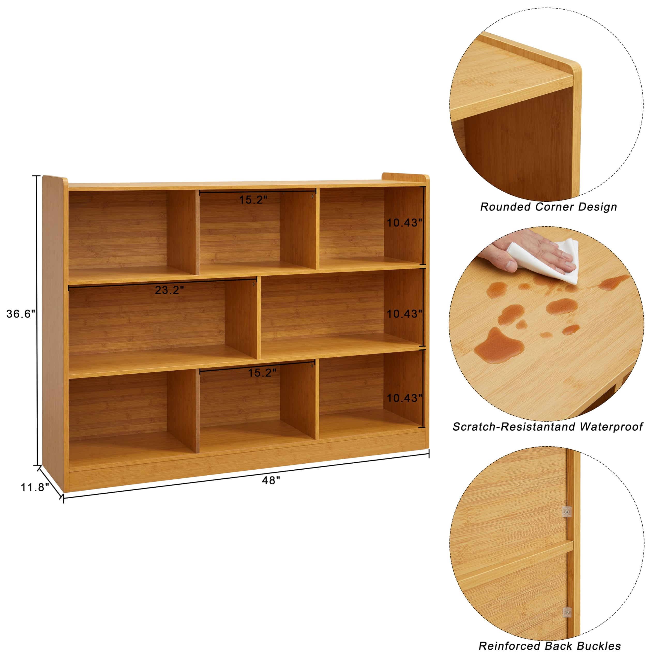 3-Tier Bookshelf, 8-Section Wooden Bookcase, Storage Organizer with Anti-Tilt Device, Modern Storage Display Cabinet for Living Room, Classroom, Kid’s Room (White)