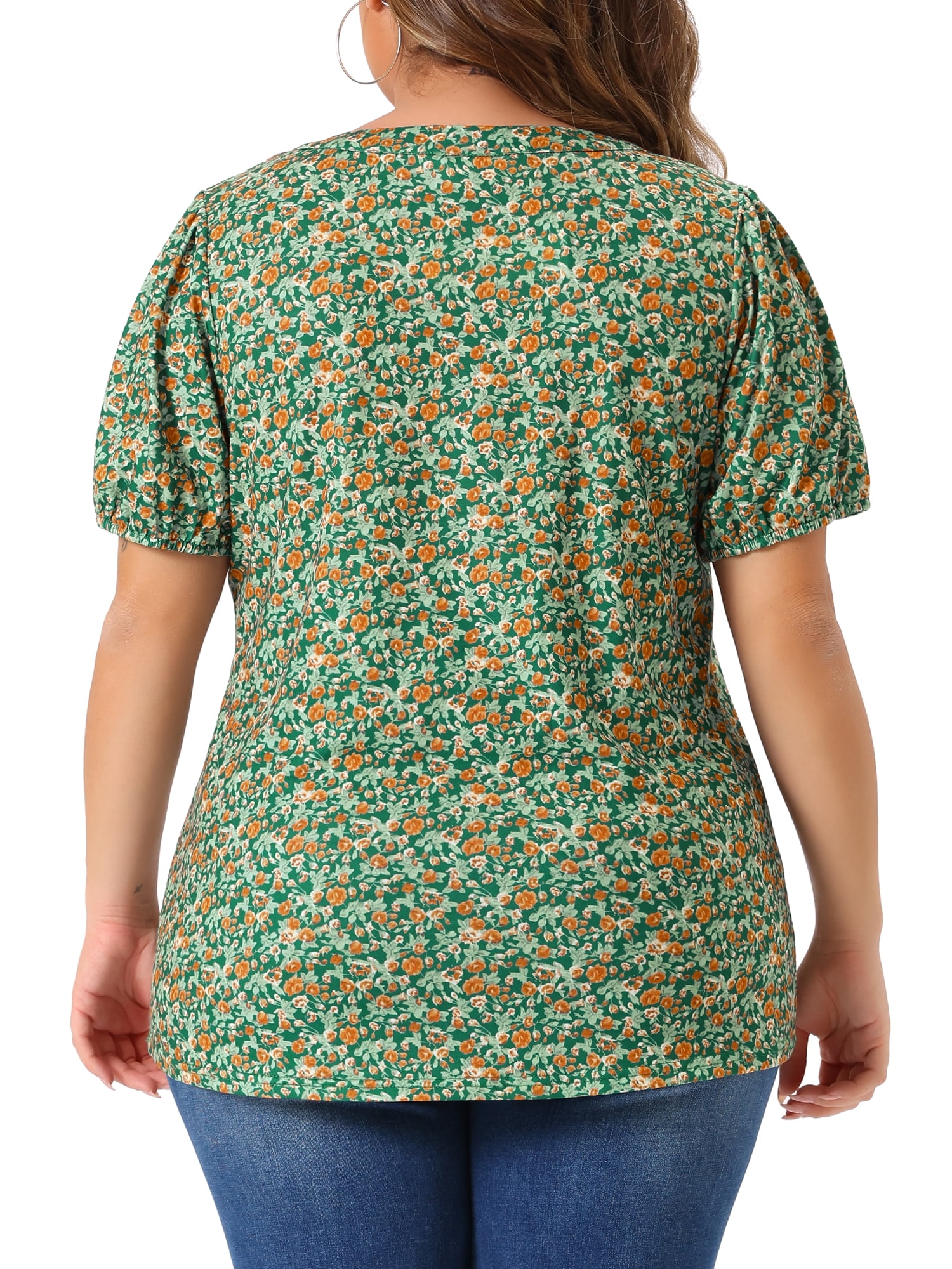 Women's Plus Short Sleeve Pleated T-Shirts Notched V Neck Floral Tops 4X Green