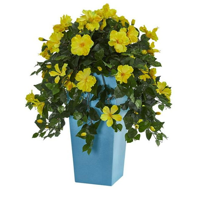 Nearly Natural 6449 31 in. Hibiscus Artificial Plant in Turquoise Tower Vase