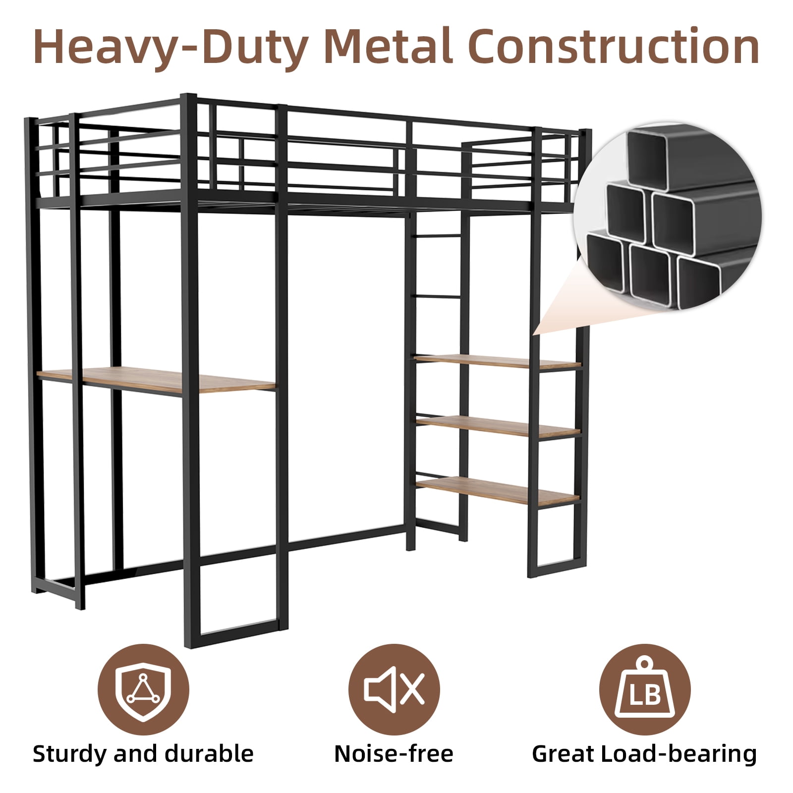 Alvantor Loft Bed Twin Size with Desk, Metal Bed Frame with Open Shelves for Kids/Teens, No Box Spring Needed Black