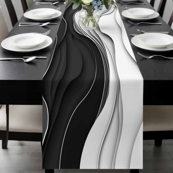 Black Grey Ombre Table Runner 90 Inches Long, Abstract Modern Geometric Moire Art Kitchen Coffee Dining Table Decoration for Home Party Birthday Wedding Home Decor 13x90 Inches