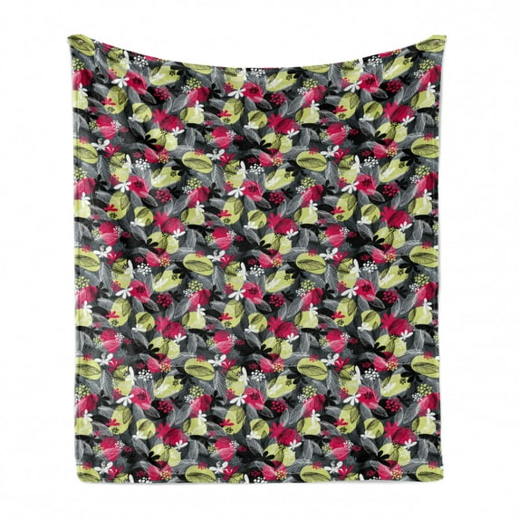 Floral Soft Flannel Fleece Throw Blanket, Leaves Forest Foliage Fern Petals Spring Plants on Charcoal Grey Backdrop, Cozy Plush for Indoor and Outdoor Use, 70" x 90", Pale Green Magenta, by Ambesonne