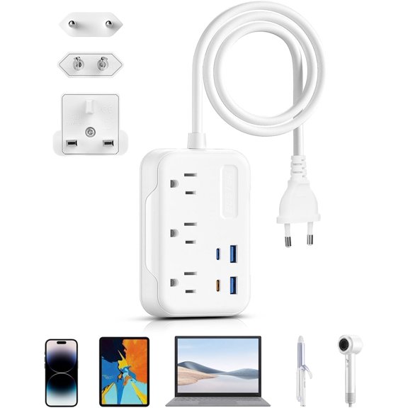 European Travel Plug Adapter: UK Travel Plug Adapter- US to UK Europe Travel Power Strip with 20W USB C Charger - 3 AC Outlets, 4 USB Ports (White)