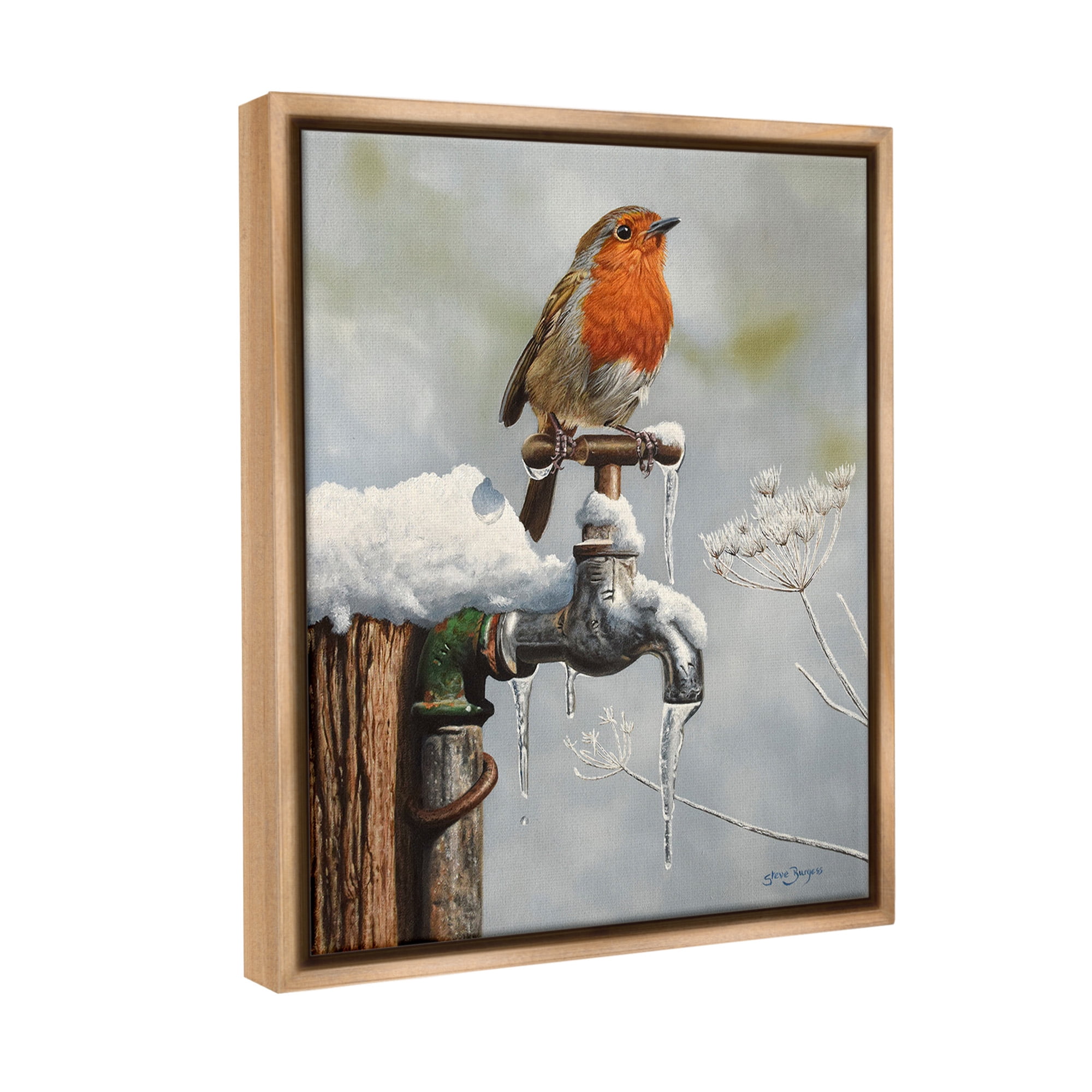 Stupell Industries Robin Bird & Winter Scene Animals & Insects Painting Brown Floater Framed Canvas Art Print Wall Art, 17 x 21