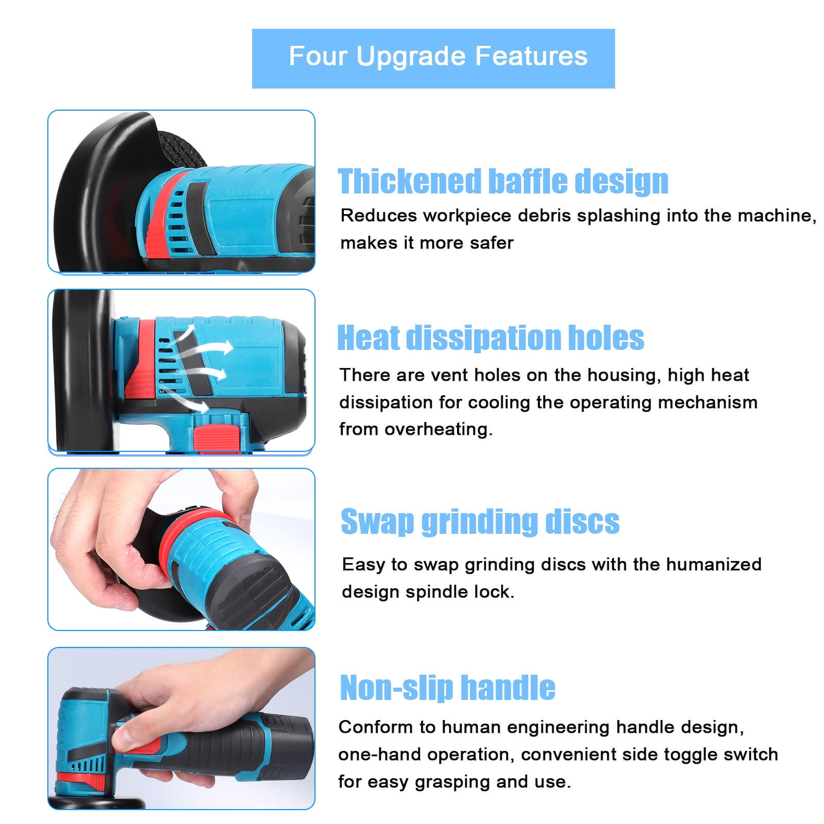 Electric Angle Grinder 19500rpm Angle Grinder, Brushless Motor, High Speed Low Noise Handheld Electric Cutter for Cutting Polishing Wood Stone Steel with Spindle Lock design, Vent Holes