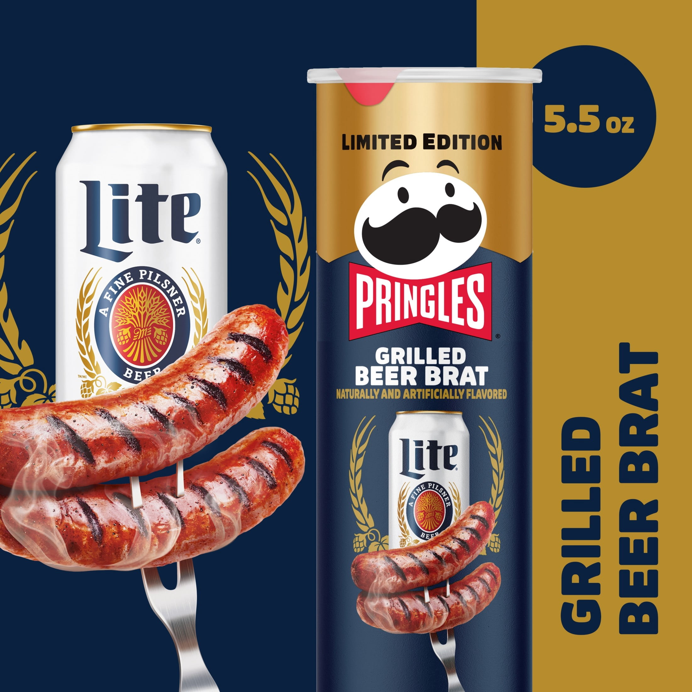 Pringles Miller Lite Grilled Beer Brat Potato Crisps Chips, Lunch Snacks, 5.5 oz Canister