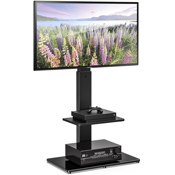 FITUEYES Height Adjustable Swivel TV Stand with Mount and Tempered Glass Base for 32–65 Inch TVs