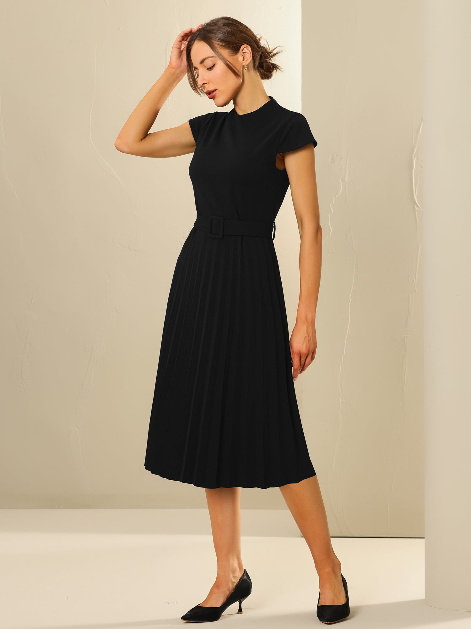 DARING DIVA Women's Mock Neck Cap Sleeve Belted A-Line Dress L Black