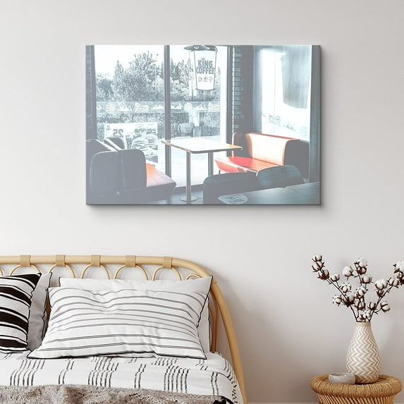 PixonSign Canvas Print Wall Art Orange Seats in Restaurant Places Cities Photography Realism Modern Scenic Relax/Calm Blue Duotone for Living Room, Bedroom, Office - 12"x18"