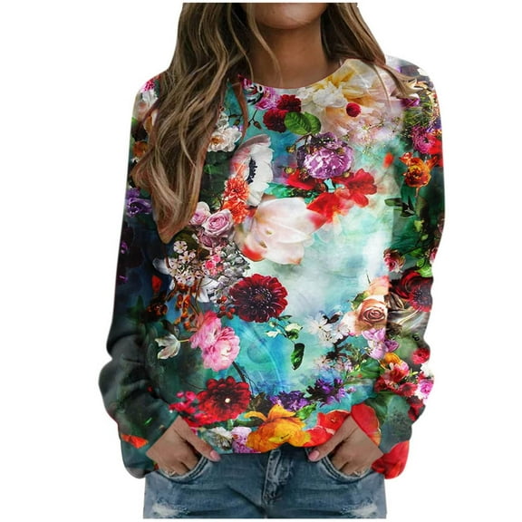 IROINNID Long Sleeve T-Shirts for Women Home Flower Print Round Neck T-shirt Top Blouse Pullover,Multicolor