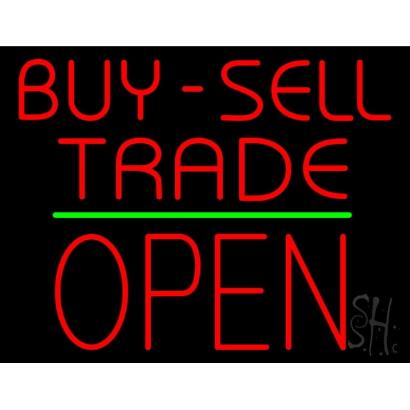 Red Buy Sell Trade Block Open Green Line LED Neon Sign 24 x 31 - inches, Black Square Cut Acrylic Backing, with Dimmer - Bright and Premium built indoor LED Neon Sign for Pawn shop, and storefront.