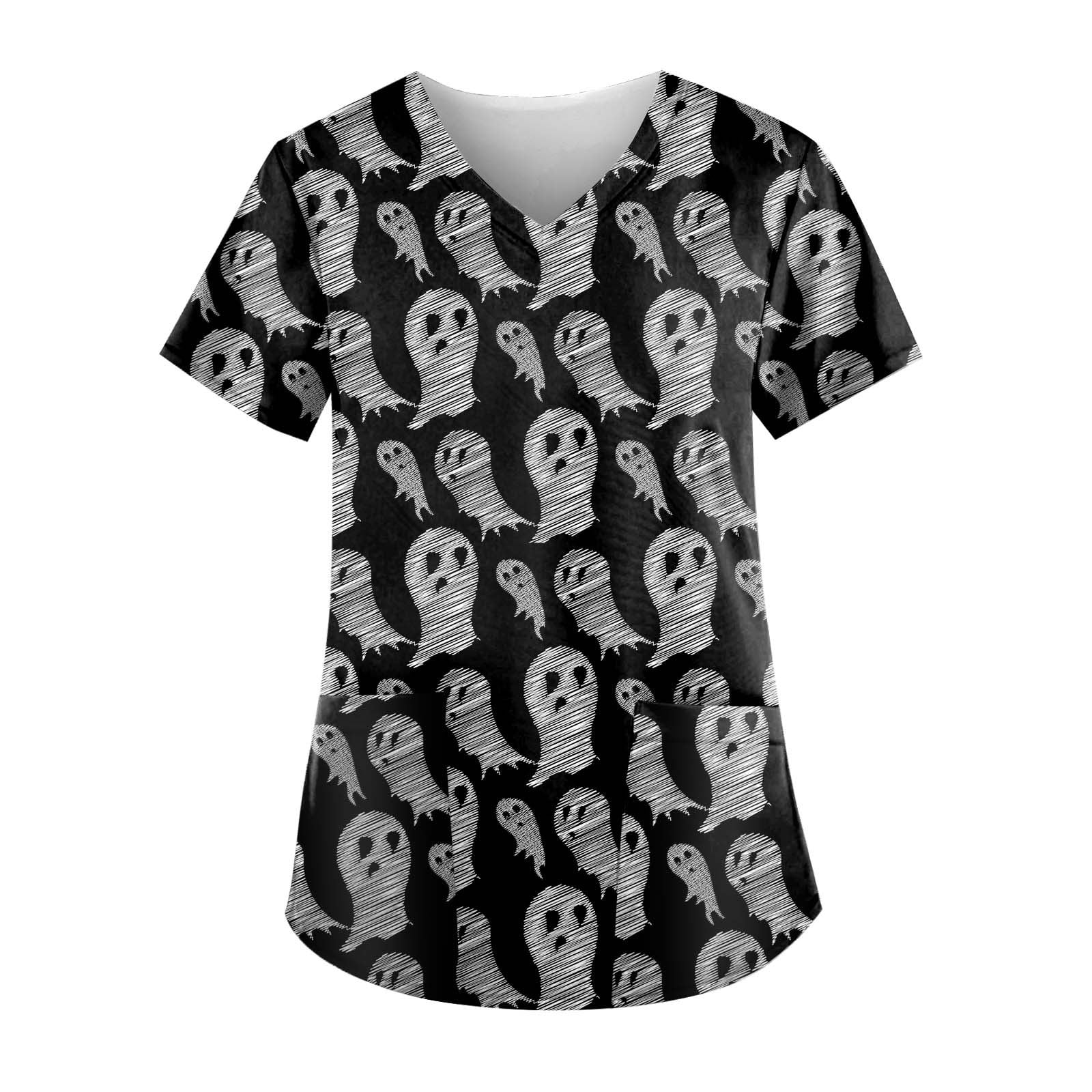 Womens Plus Size Scrubs Top Pumpkin Print Short Sleeve Scrub Nurse