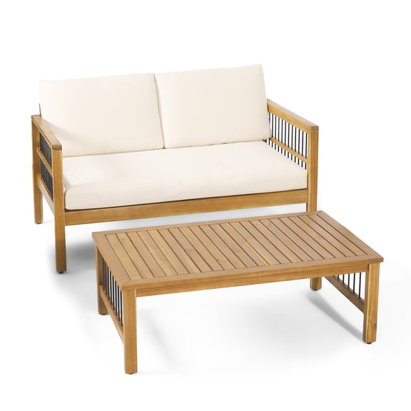 GDF Studio Sagewood Outdoor Acacia Wood and Iron Loveseat and Coffee Table Set with Cushions, Teak, Black, Beige
