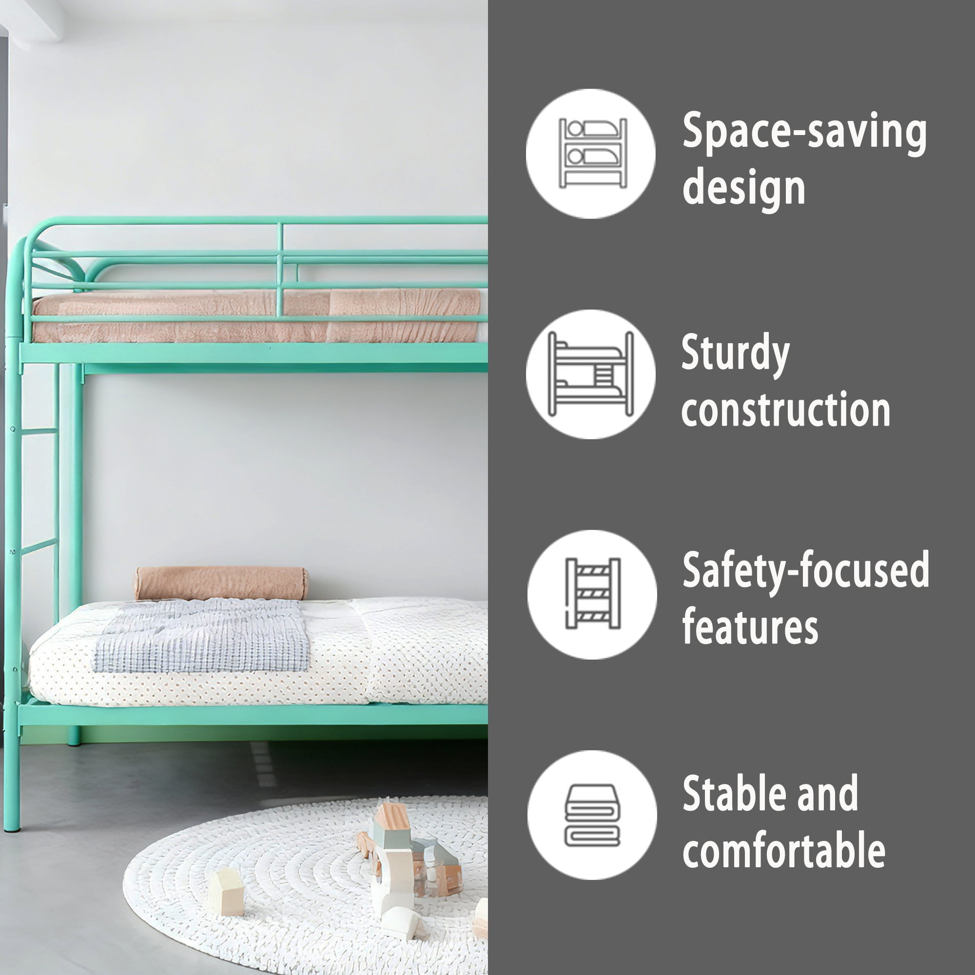 Mintazer Twin Over Twin Metal Bunk Bed, Heavy Duty Bunk Bed Frame with Guardrail & 2 Ladder, Mint Green