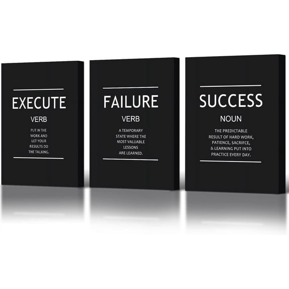 Execute Failure Success Definition Wall Art 3 Pieces Black Poster Inspirational Framed Canvas Painting Wall Art Positive Motivational Print Artwork for Living Room Office Decor 12x16inchx3pcs