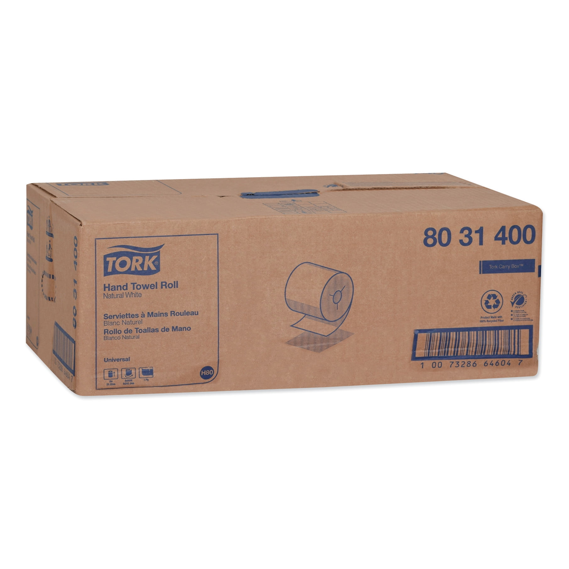 Tork Universal Hand Towel Roll, Notched, 8" x 800 ft, Natural White, 6 Rolls/Carton