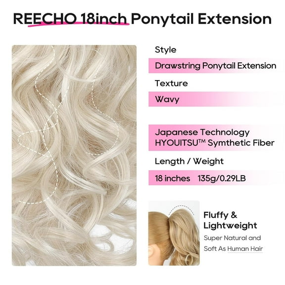 FGERFE-Ponytail Extension, 18 inch Drawstring Ponytail Hair Extensions Long Curly Wavy Clip in Pony Tail Synthetic Hairpiece for Women, Platinum Blonde