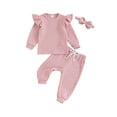 thumbnail image 2 of Newborn Girl Fall Outfits 3 6 9 12 18 24 Months 3Pcs Baby Girl Clothes Set Solid Color Crew Neck Long Sleeve Sweatshirts Long Pants Headband, 2 of 10