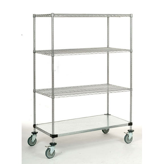 24" Deep x 72" Wide x 69" High 1200 lb Capacity Mobile Unit with 3 Wire Shelves and 1 Solid Shelf
