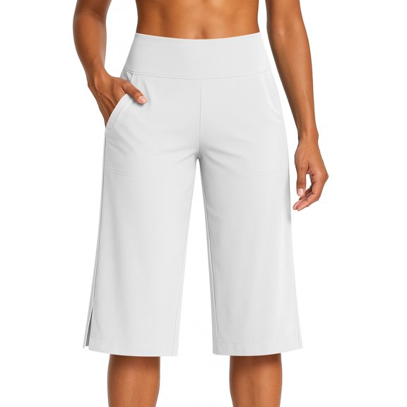18" 19" Bermuda Yoga Pants for Women Knee Length High Waist with Pockets Capris Workout Yoga Pants Loose Straight Leg White S