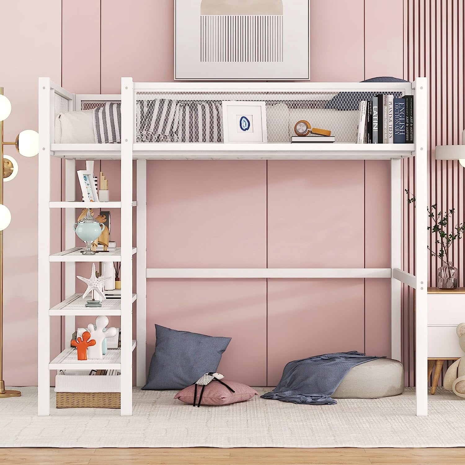 DEALTOPS Twin Size Metal Loft Bed with 4-Tier Shelves and Storage - White