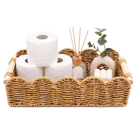 Woven Paper Rope Toilet Paper Basket with Wooden Handles, Bathroom Storage Organizer for Essentials, Decorative Basket