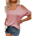 thumbnail image 3 of Langwyqu Summer Solid Color Women Cold Shoulder Women Scoop Neck Casual Blouse Tops, 3 of 5