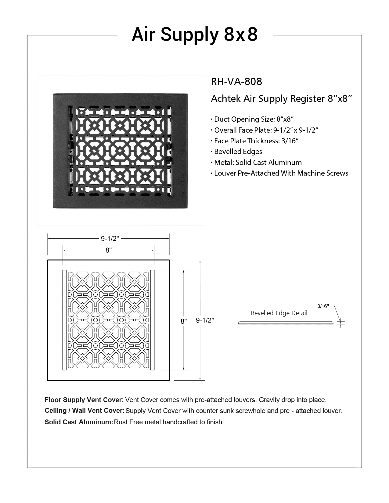 Achtek Air Supply Vent 8"x 8" Duct Opening (Overall 9-1/4"x 9-3/4") Solid Cast Aluminum Register Cover | Powder Coated