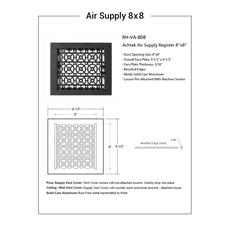6x12 Inch Cast Aluminum Floor Vent Grill – 7.5”x13.75” Face, Black, With Adjustable Steel Damper – HVAC Supply