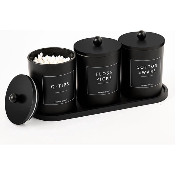 Glass Qtip Holder for Bathroom, Black Cotton Round Holder Swab Pad Dispenser with Lids, Floss Pick Holder with Bamboo Tray, Apothecary Jars with Scoop, Set of 3