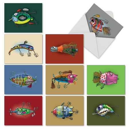 M6543TYG M6543TYG Off The Hook' 10 Assorted Thank You Notecards Featuring Wild and Brightly Colored Fishing Lures with Fun and Funky Expressions with Envelopes by The Best Card