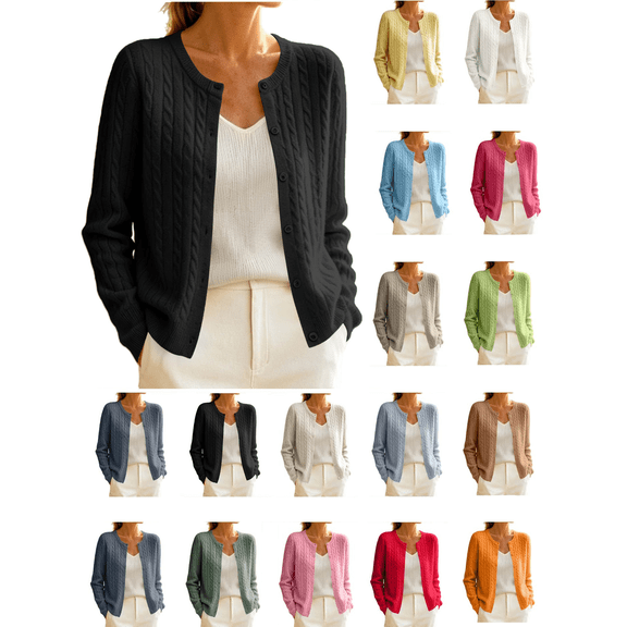 Liuinsasek Womens Cropped Cardigan Fashion Solid Color Long-Sleeve Crew-Neck Button Down Micro-Cable Knit Stylish and Versatile Winter Clothes
