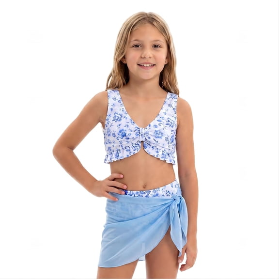 Girls 3 Piece Swimsuit Set, Floral Bikini Swimwear with Wide Strap V Neck Top Triangle Bottom and Mesh Cover Skirt Size 12Y