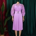 thumbnail image 2 of AURA Womens Elegant Lace Hollow Out Pleated Midi Dress High Waist Belted 3 4 Lantern Sleeve, 2 of 9