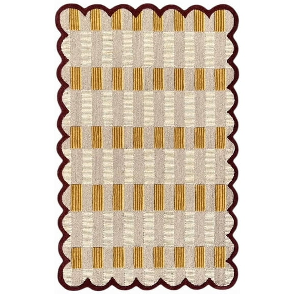 Artcore Matilda Hand Tufted Plaid Wool Area Rug with Scalloped Border, Cotton Backing, Indoor Rug for Living Room & Bedroom, 3 x 5 ft