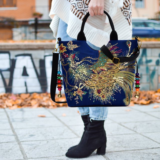 Bolso de mensajero de hombro grandes con asa superior de lona bordada de pavo real para mujer a la moda