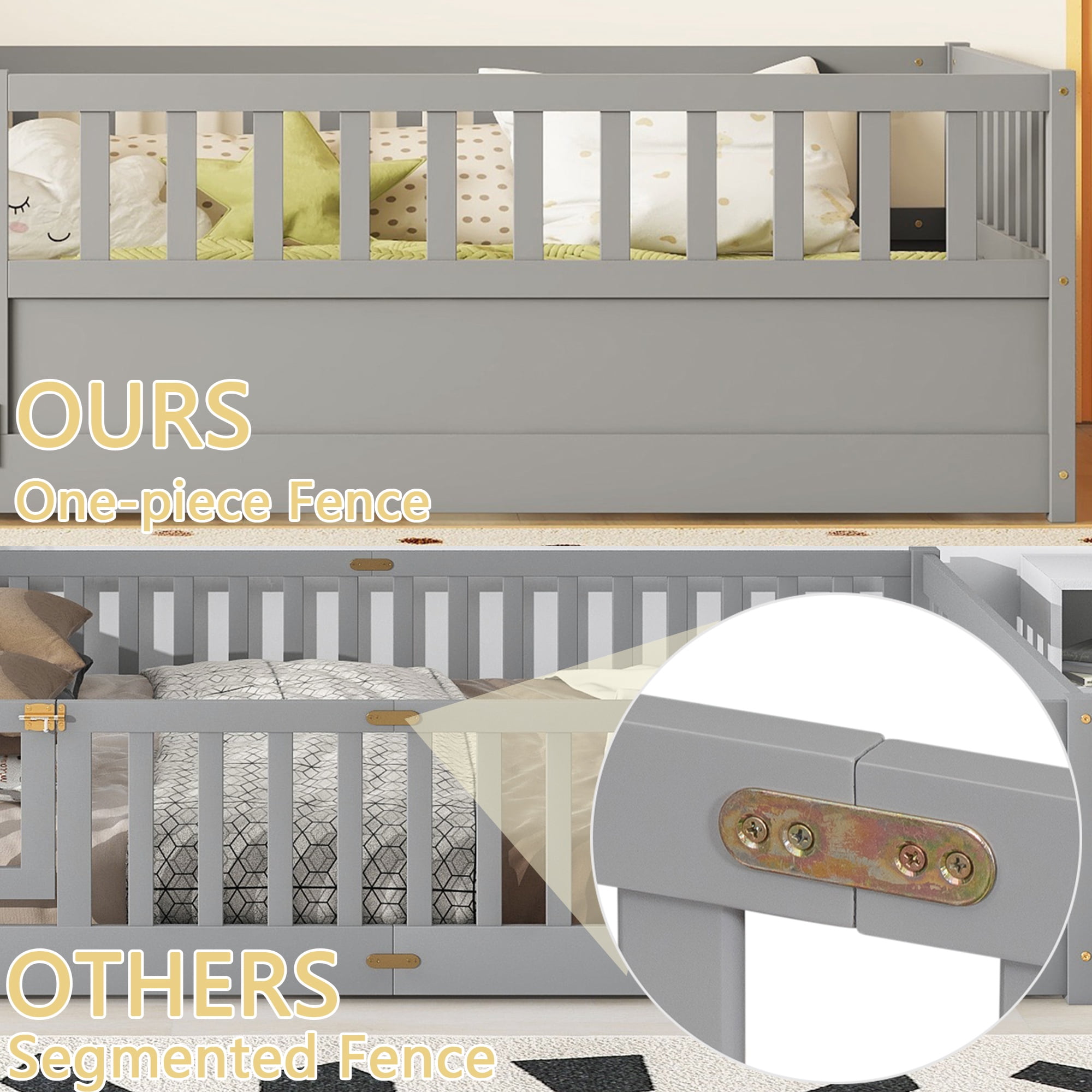 Bellemave Twin Size Floor Bed with Door and High Fence Guardrails Floor Bed without Bed Slats Wooden Floor Bed Montessori Bed Frame(Twin, Gray, Without Slats)