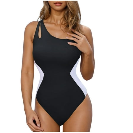 Bigersell One Shoulder Bathing Suit for Women Keyhole Strap One-Piece Swimsuits Color Block 1 Piece Cheeky Swimsuit Beach Vacation Monokini Swimwear  Style SW-44  Black  XXL