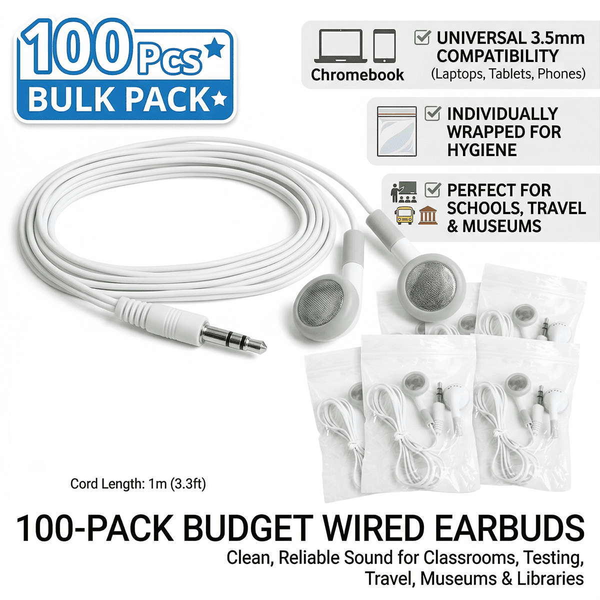 Wired earbuds for school, 100 Pack bulk disposable headphones for classroom (white)