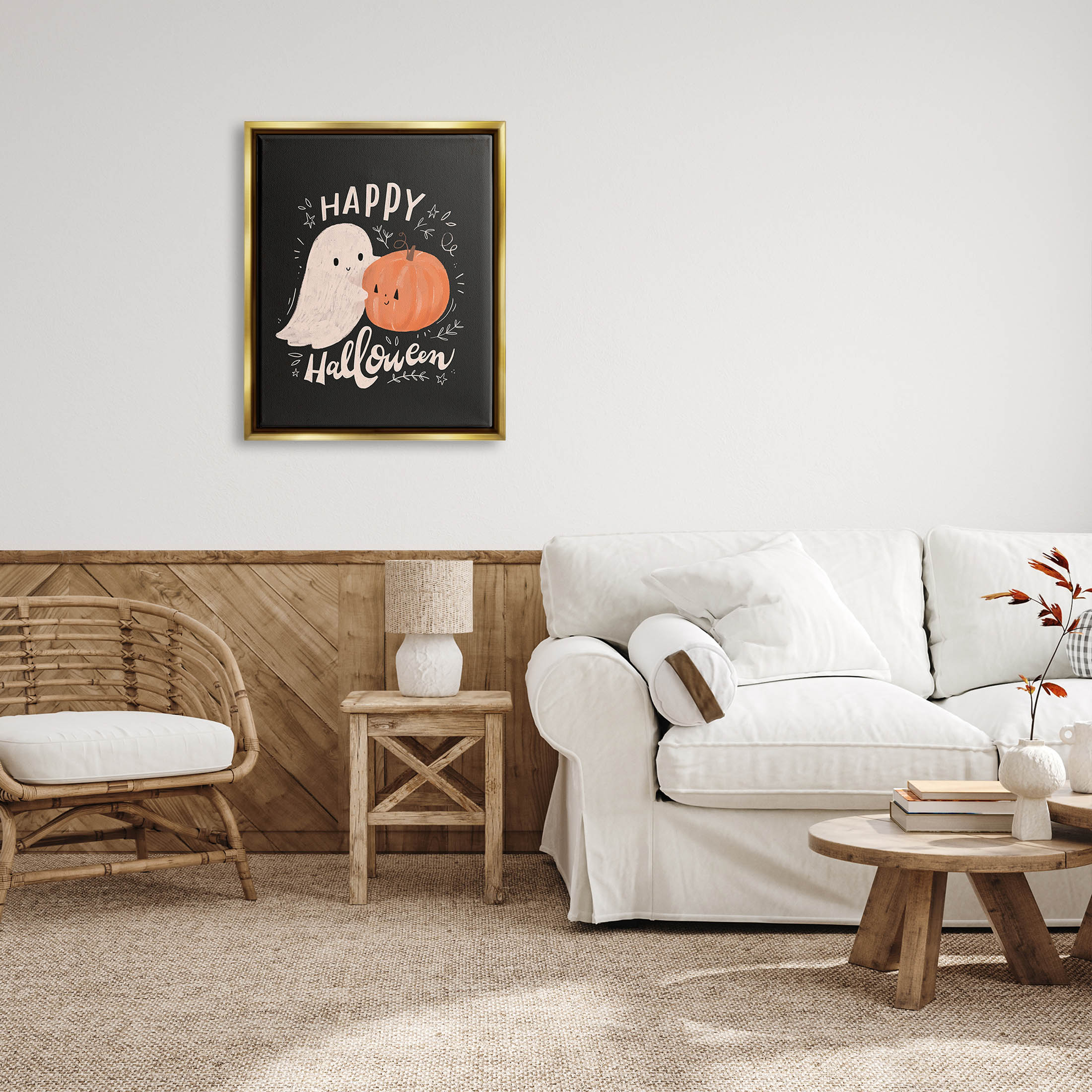 Happy Halloween Smiling Ghost Pumpkin Holiday Graphic Art Metallic Gold Framed Art Print Wall Art