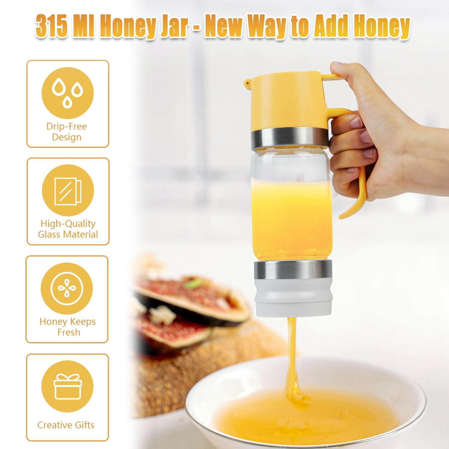 2026 Upgrade Honey Dispenser No Drip with Base, 12Oz Handle Glass Honey Jar pot, Syrup Dispenser for Coffee or Tea, Mess Free Honey Dispenser for Honey and Syrup, Honey Container