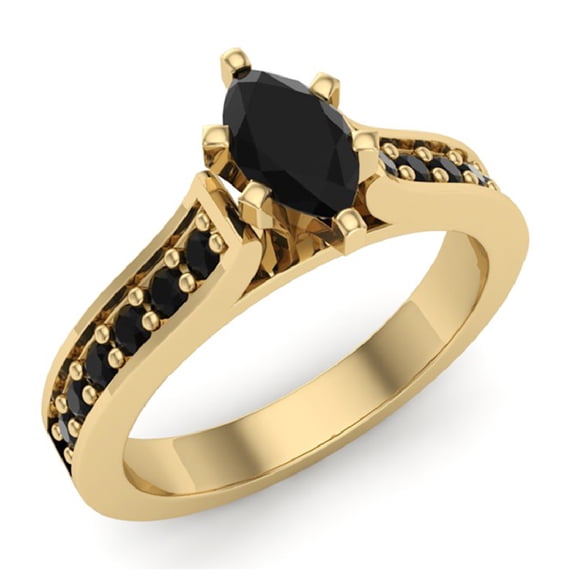 Marquise Cut Black Diamond Engagement Ring 3/4 ctw 14K Yellow Gold