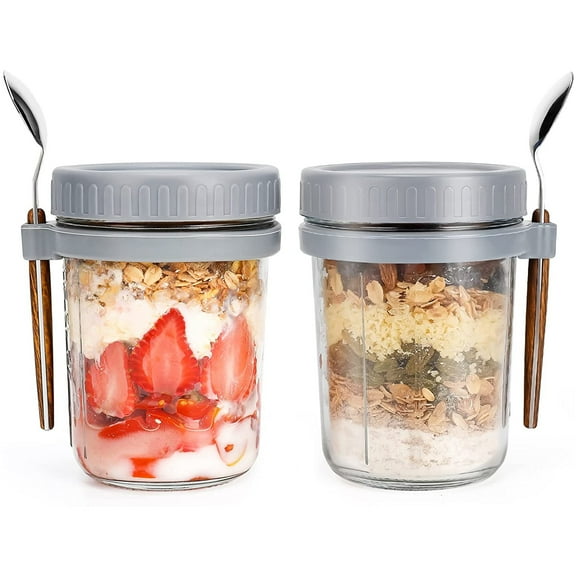 2PCS Overnight Oats Container with Lids Spoons, Reusable Overnight Oatmeal container for Women Men Kids, Milk Vegetables fruit Salad Storage Container with Measurement Marks 350ml, Grey