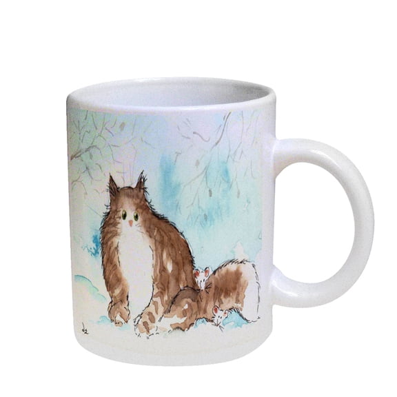 KuzmarK Coffee Cup Mug Pearl Iridescent White - Tabby Maine Coon Kitty and Mice Winter Cat Art by Denise Every