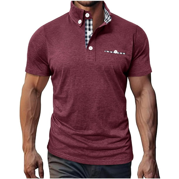 Mens Casual Manga Corta Botón Abajo Camisas Red Empalme Solapa Camiseta Superior, Poliéster Ligero para el Invierno