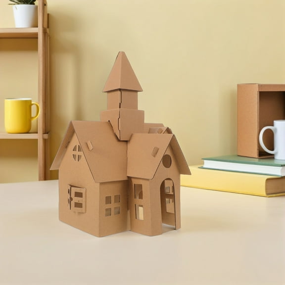 HEANUJJ 6-Piece Cardboard House Kit in Khaki for Building, Coloring, and Fun Craft Activities