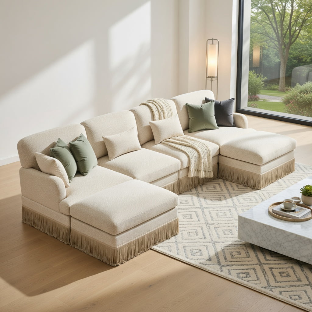 Hommoo 131" U-Shaped Leopard Print Chenille Sofa Set with Movable Ottomans, Tassel Trim & Ergonomic Deep Seat Design, Modern Living Room Sectional, Beige