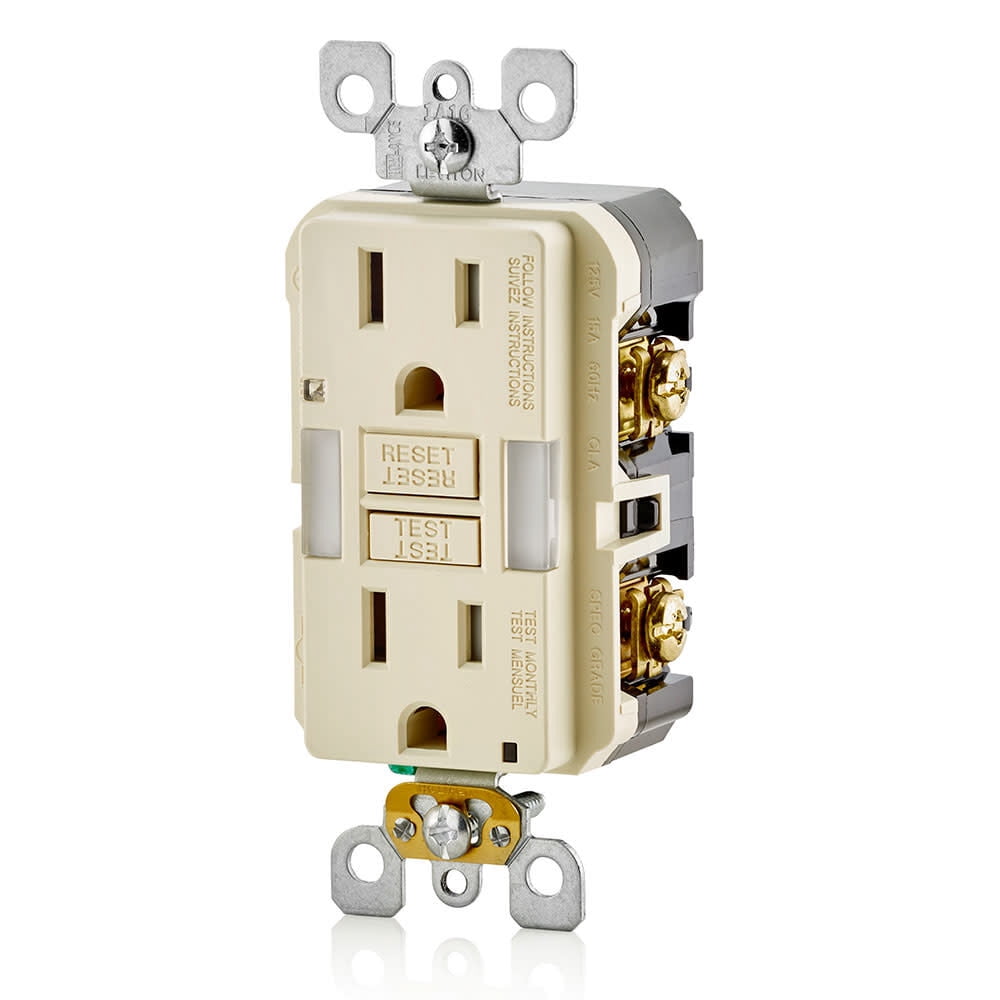 Leviton R96-GFNL1-00T GFCI Duplex Receptacle with Guide Light, 2 -Pole, 15 A, 125 V, Back, Side Wiring, NEMA: 5-15R