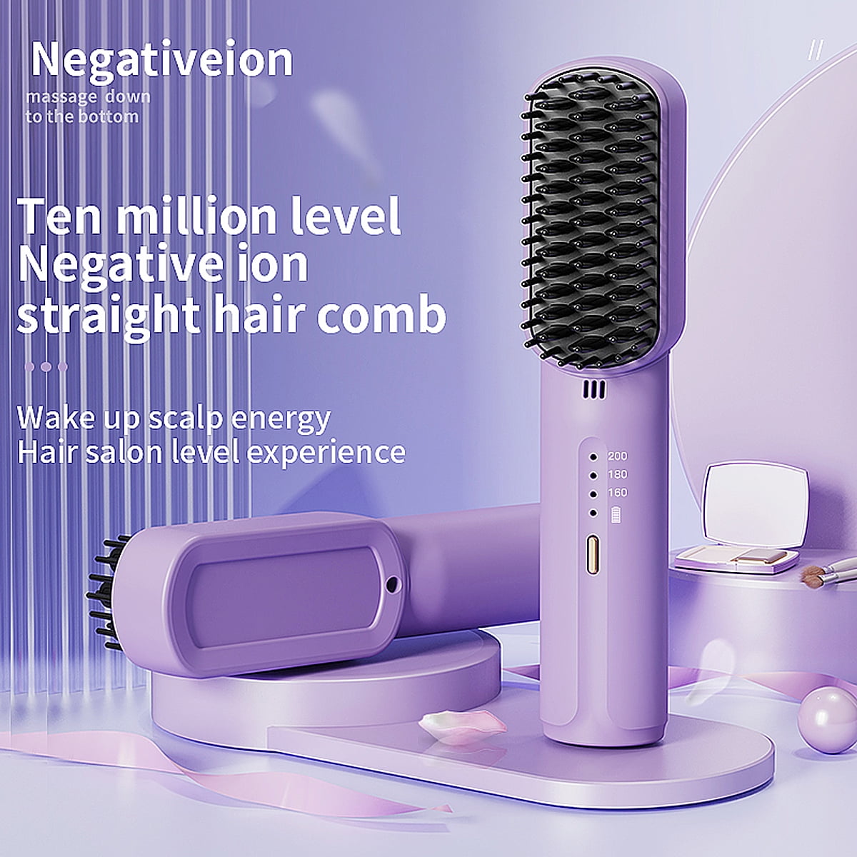 Cordless Hair Straightener Brush, Straightening Brush for Women, Touch ups on-The-go Styling Hot Comb with Negative Ion, Lightweight & Mini Travel, USB Rechargeable, Purple