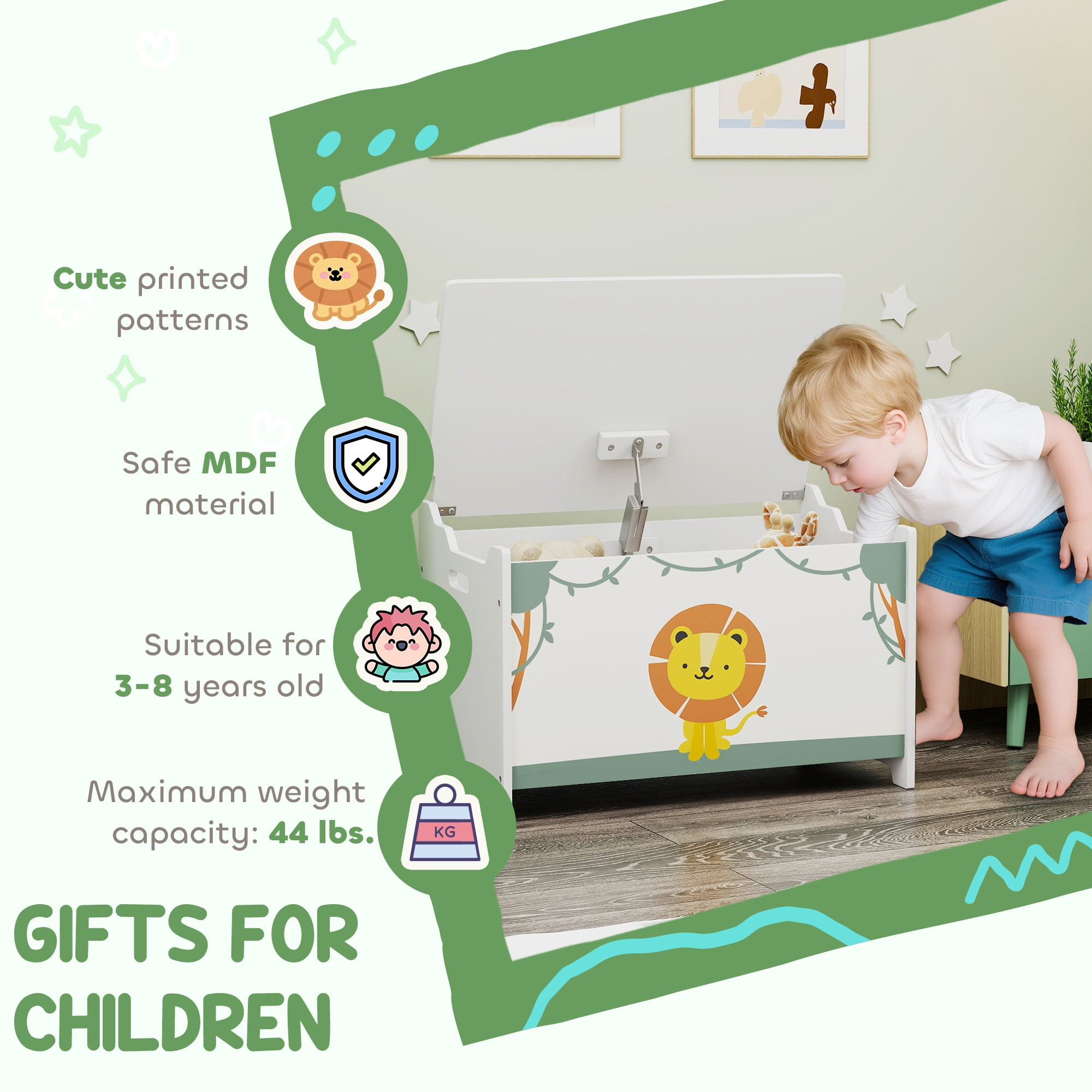 Kids Toy Storage Chest with Safety Hinges, 44 lbs Capacity Large Organizer Box for Toys, Books, & Clothes, Green Printed MDF Design for Bedroom, Playroom, Ages 3-8